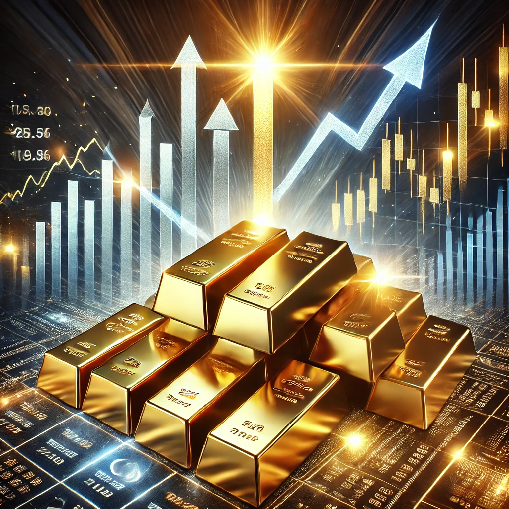 A powerful depiction of gold and silver metal bars soaring upwards, representing a strong bullish trend. The bars are shining brilliantly, surrounded