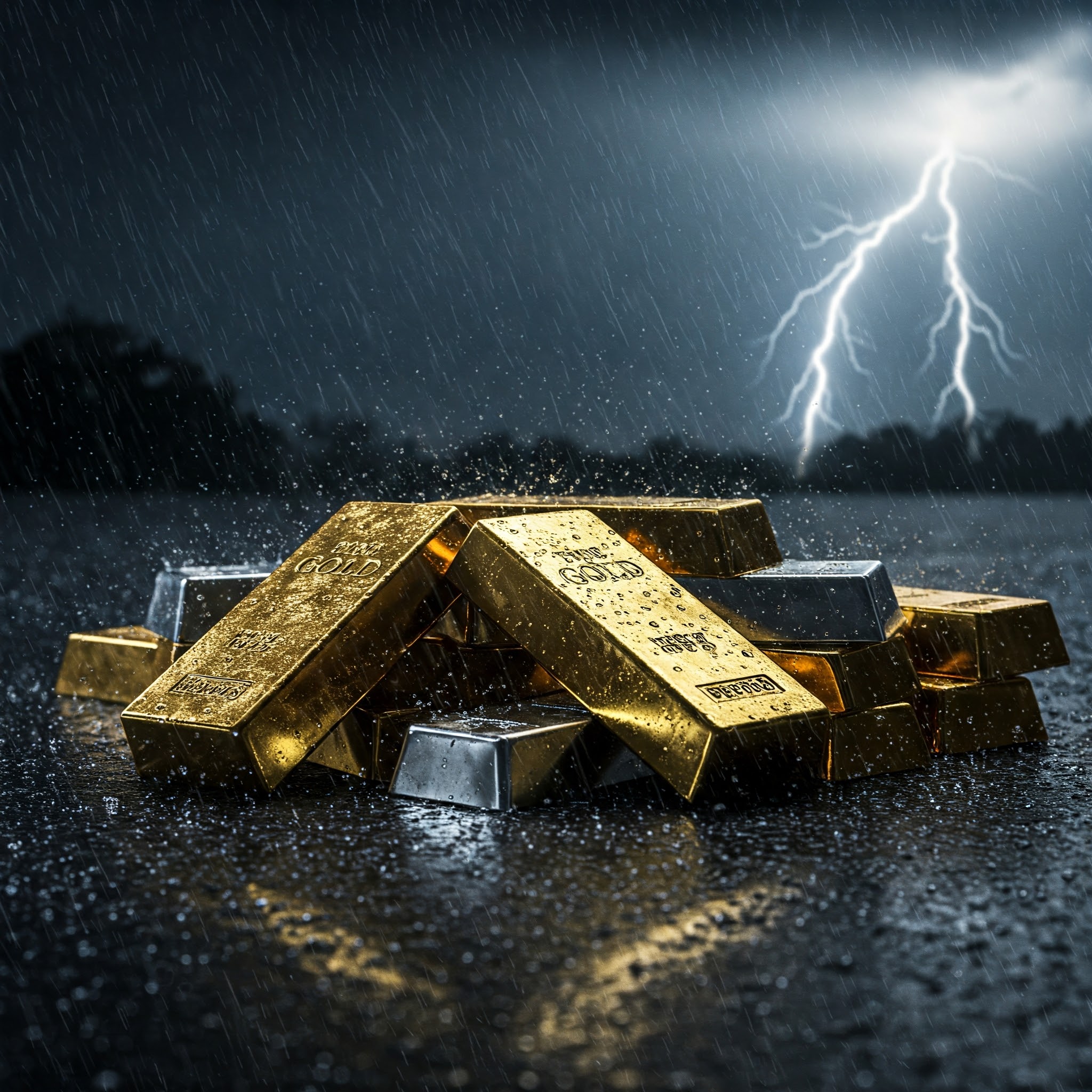 tempête avec les lingots d'or et d'argent