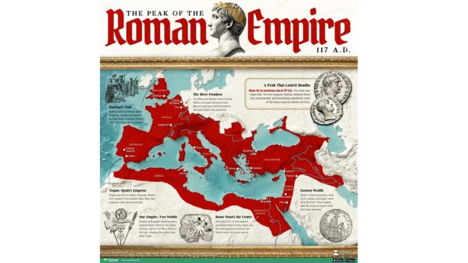 Mapping: The maximum extent of the Roman Empire in 117 AD.