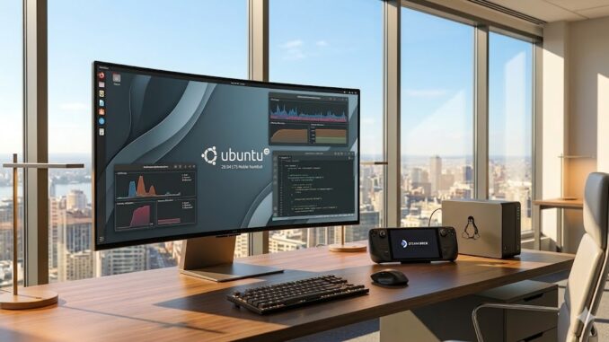 Un bureau moderne et minimaliste dans un grat-ciel au crépuscule. Sur un large écran OLED incurvé, on aperçoit l'interface élégante d'Ubuntu 26.04 avec des graphiques de performance fluides et des lignes de code Rust. À côté de l'ordinateur, un Steam Deck et un serveur compact affichant un logo Linux stylisé. L'ambiance est professionnelle, technologique et sereine, éclairage cinématique avec des tons bleus et ambre, photoréalisme 8K.