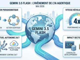 Infographic centered on a globe labeled Gemini 3.5 Flash, with four panels around it: Transition Paradigmatique, Vitesse Révolutionnaire, Agent Virtuel Autonome 24/7, and Impact Sectoriel Clé, connected by glowing blue paths.