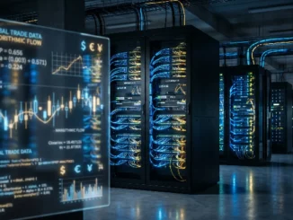 Transparent holographic display shows global trade data and charts in a dim data center with illuminated server racks nearby