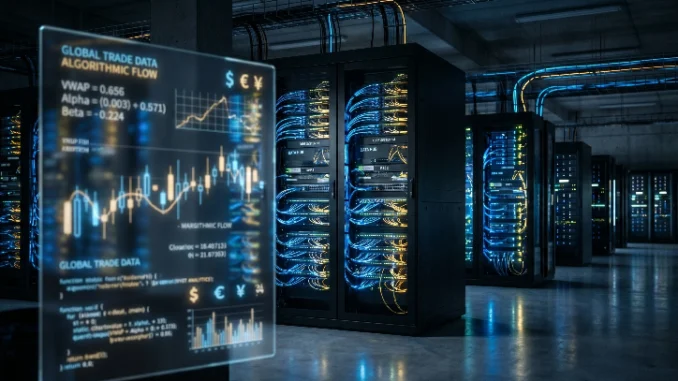Transparent holographic display shows global trade data and charts in a dim data center with illuminated server racks nearby