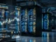 Transparent holographic display shows global trade data and charts in a dim data center with illuminated server racks nearby