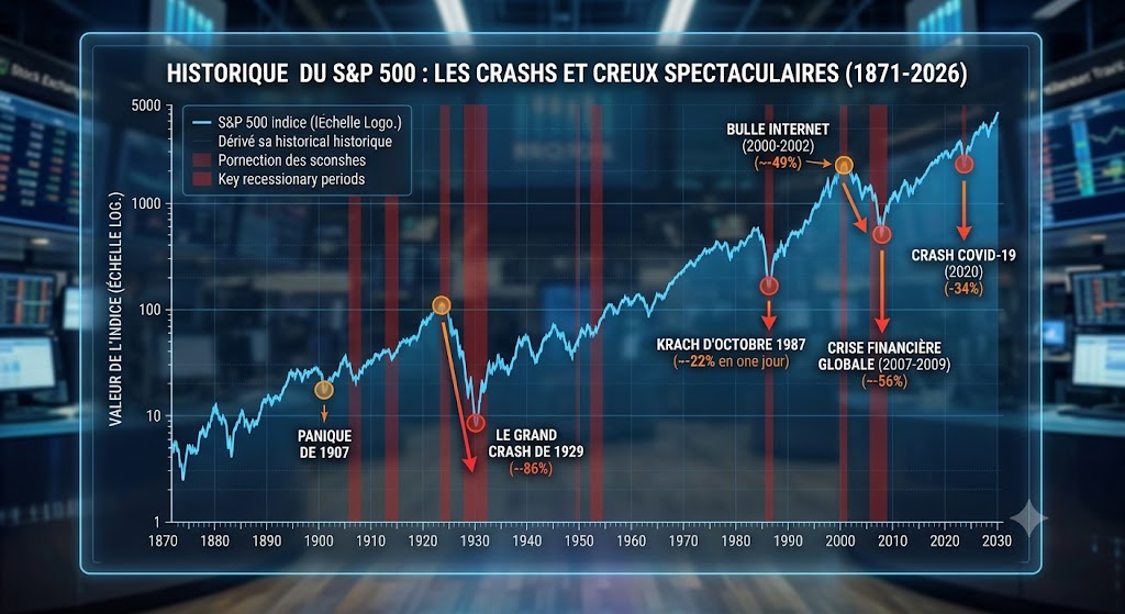 Chart of S&P 500 history (1871–2030) with major crashes labeled: Panic of 1907, 1929 crash, 1987, 2008 crisis, 2020 COVID.