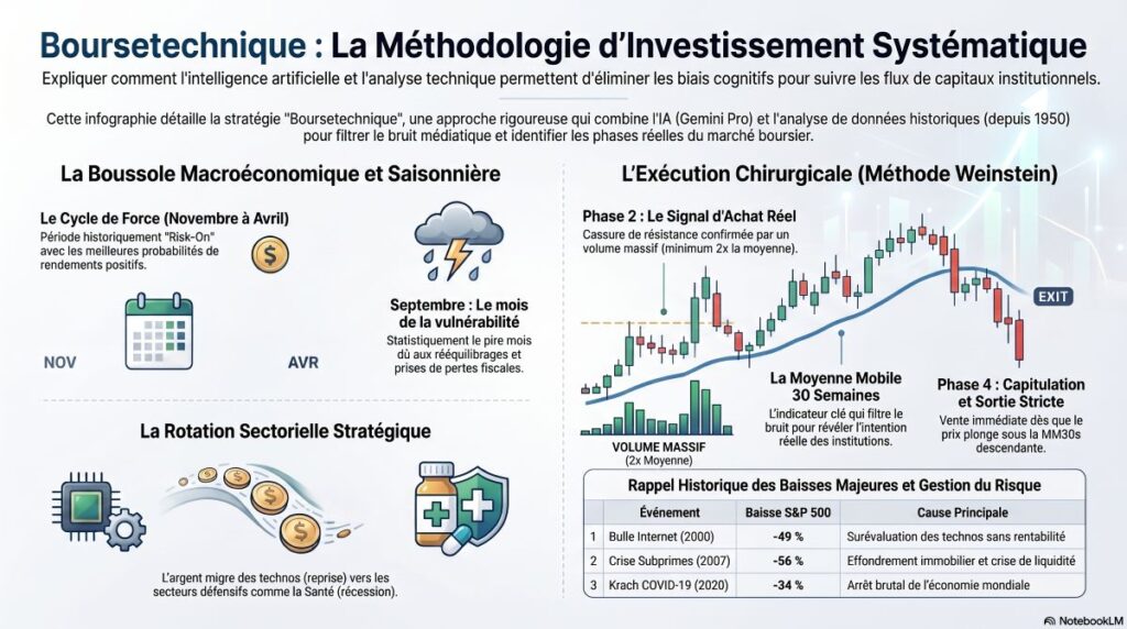 Infographic en français décrivant une méthode d’investissement systématique: Boussole macroéconomique et saisonnière, Exécution chirurgicale (méthode Weinstein) et Rotation sectorielle stratégique avec graphiques et icônes.