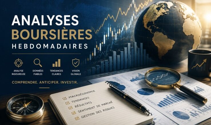 Promotional banner for weekly stock market analyses featuring charts, a globe, and a notebook with checklists on a desk.