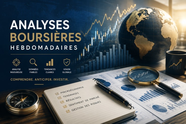 Promotional banner for weekly stock market analyses featuring charts, a globe, and a notebook with checklists on a desk.