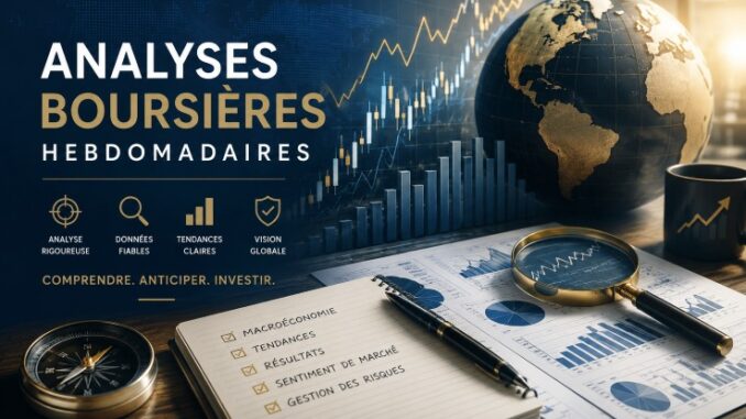 Global stock market analysis theme with financial charts, a globe, and a notebook listing macroeconomy, trends, results, market sentiment, and risk management on a desk.