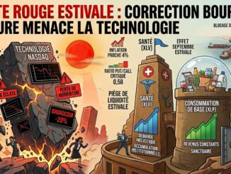 French infographic about a stock market crash: a lava-like rock labeled Technologie NASDAQ explodes as people run away, with warning signs and charts nearby.