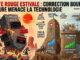 French infographic about a stock market crash: a lava-like rock labeled Technologie NASDAQ explodes as people run away, with warning signs and charts nearby.