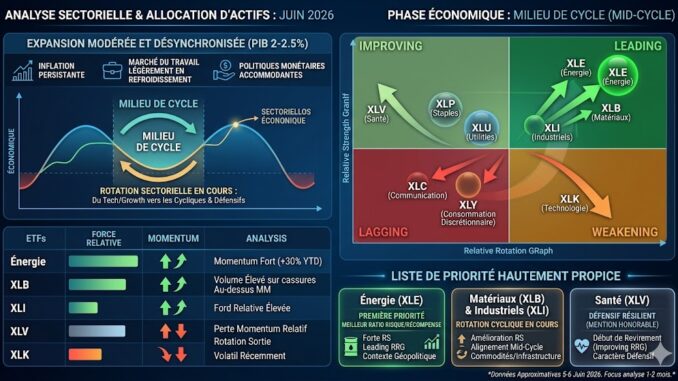 Phase Économique Globale MILIEU DE CYCLE (avec rotation en cours vers des secteurs plus cycliques et défensifs)