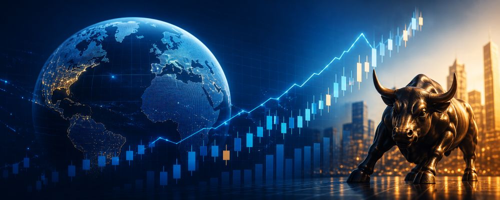Bull statue charging forward beside a rising stock chart and glowing globe, symbolizing a global bull market outlook.